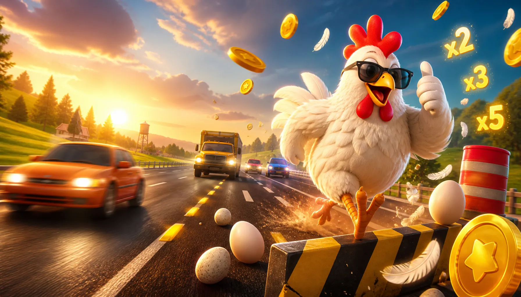 A 3D chicken hero crossing a busy road in the Chicken Road game, surrounded by golden coins and eggs with dynamic motion effe
