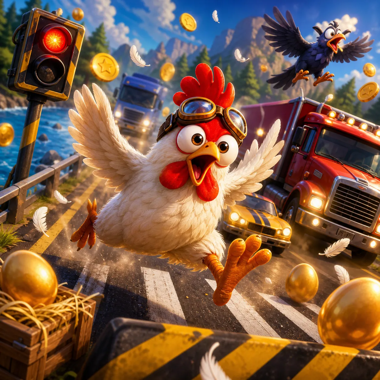 Humorous chicken character crossing a road with traffic lanes, feathers and eggs in a playful slot game scene.