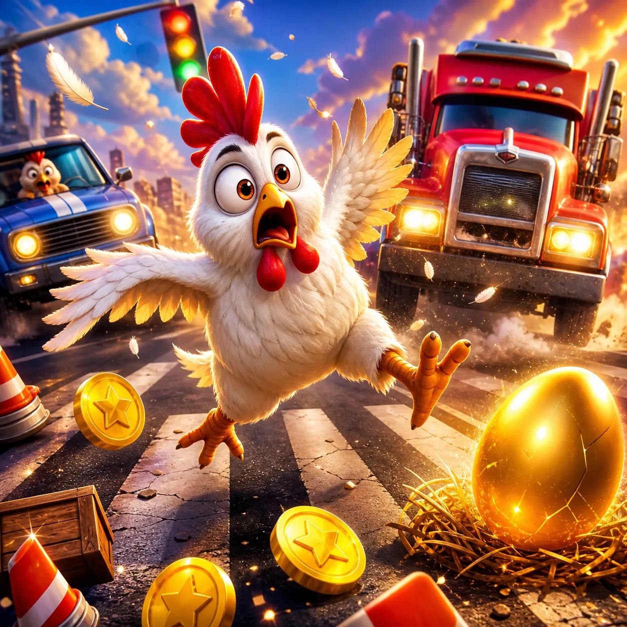 Cartoon chicken character crossing a busy road with feathers and playful chaos around it, inspired by Chicken Road slot game 